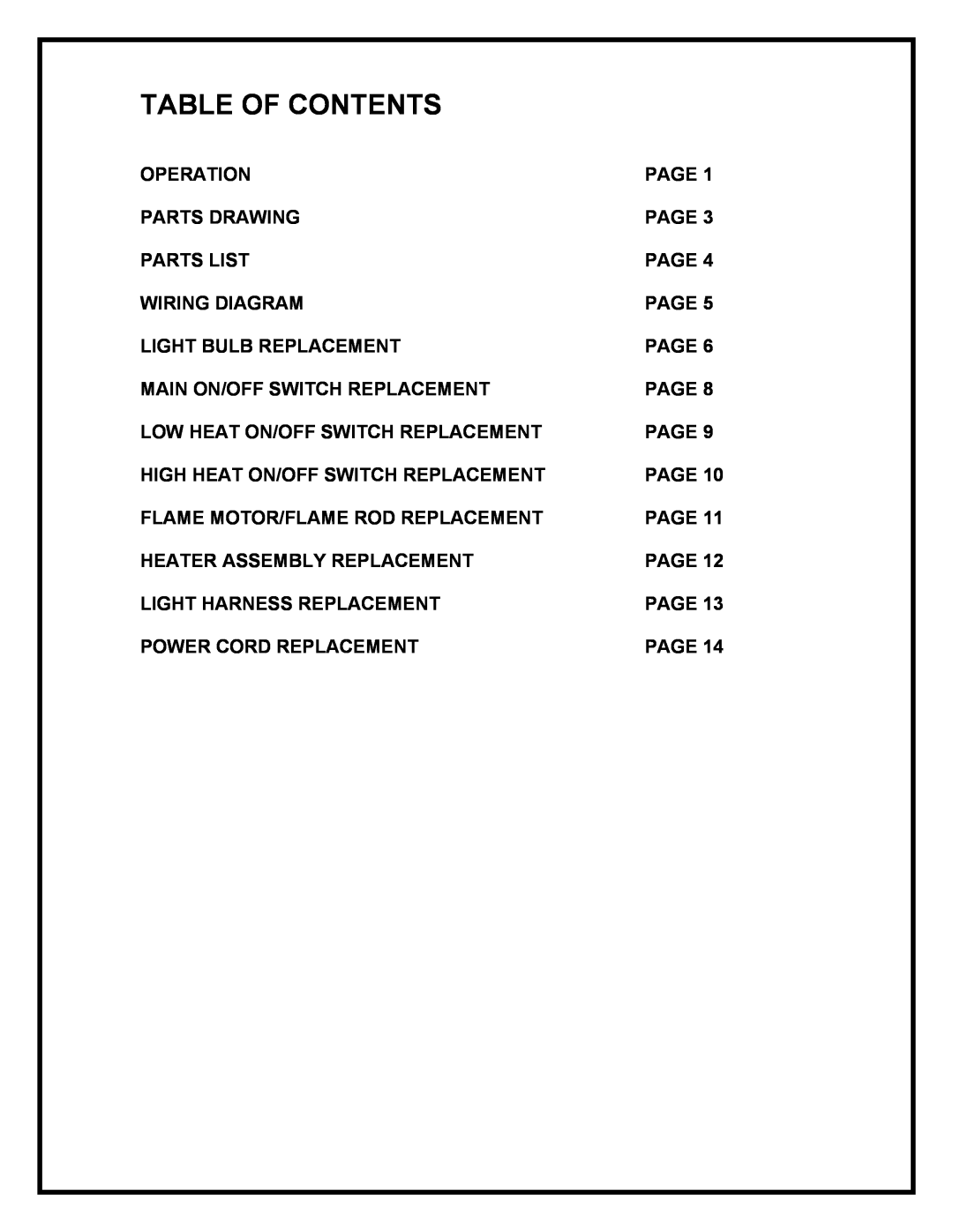 Dimplex DFI2309 service manual Table Of Contents 