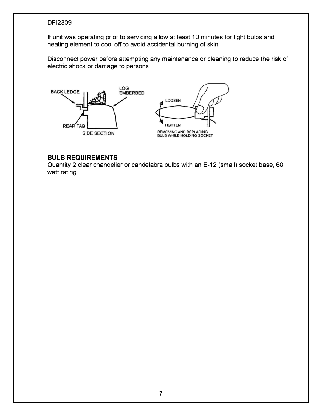 Dimplex DFI2309 service manual Bulb Requirements 