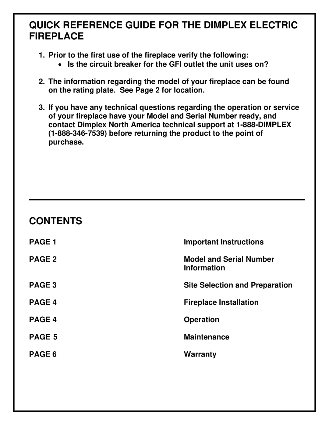 Dimplex DFO2307, DFOR2307 manual Quick Reference Guide for the Dimplex Electric Fireplace, Contents 