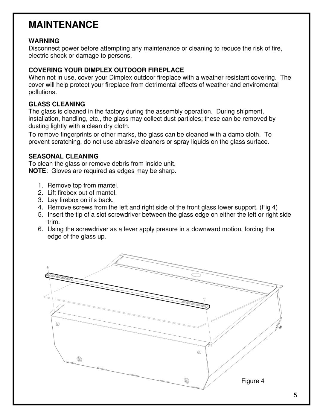 Dimplex DFOR2307, DFO2307 manual Maintenance, Covering Your Dimplex Outdoor Fireplace 