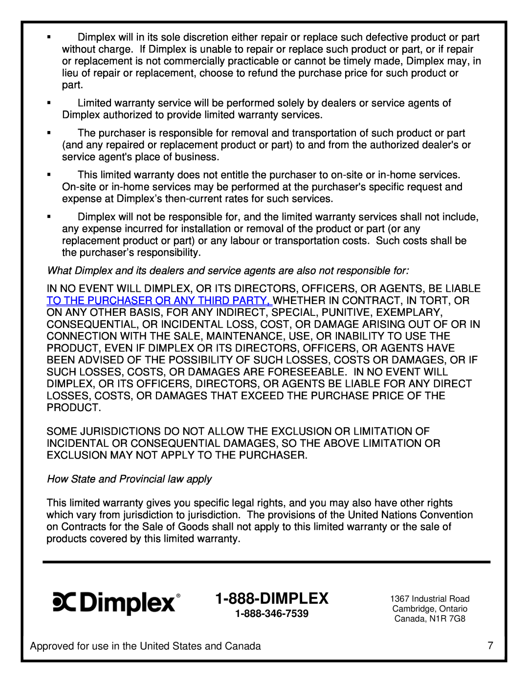 Dimplex DFOR2307, DFO2307 manual Dimplex, How State and Provincial law apply 