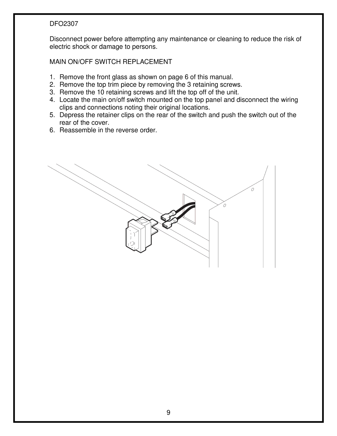 Dimplex DFO2307 service manual Main ON/OFF Switch Replacement 