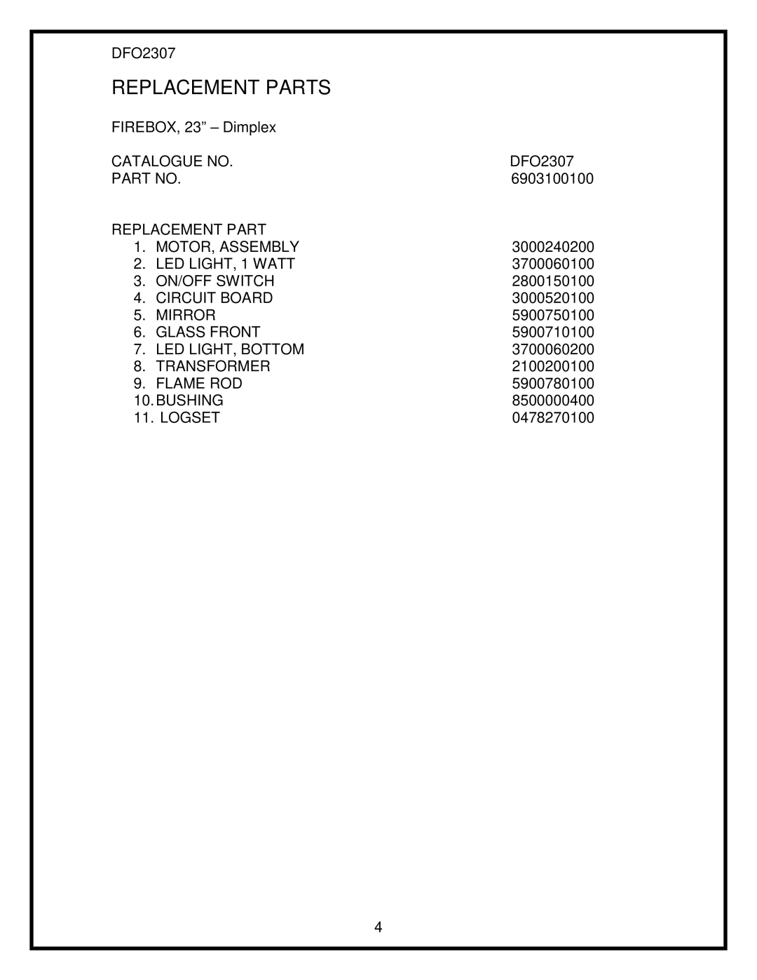 Dimplex DFO2307 service manual Catalogue no, Replacement Part 