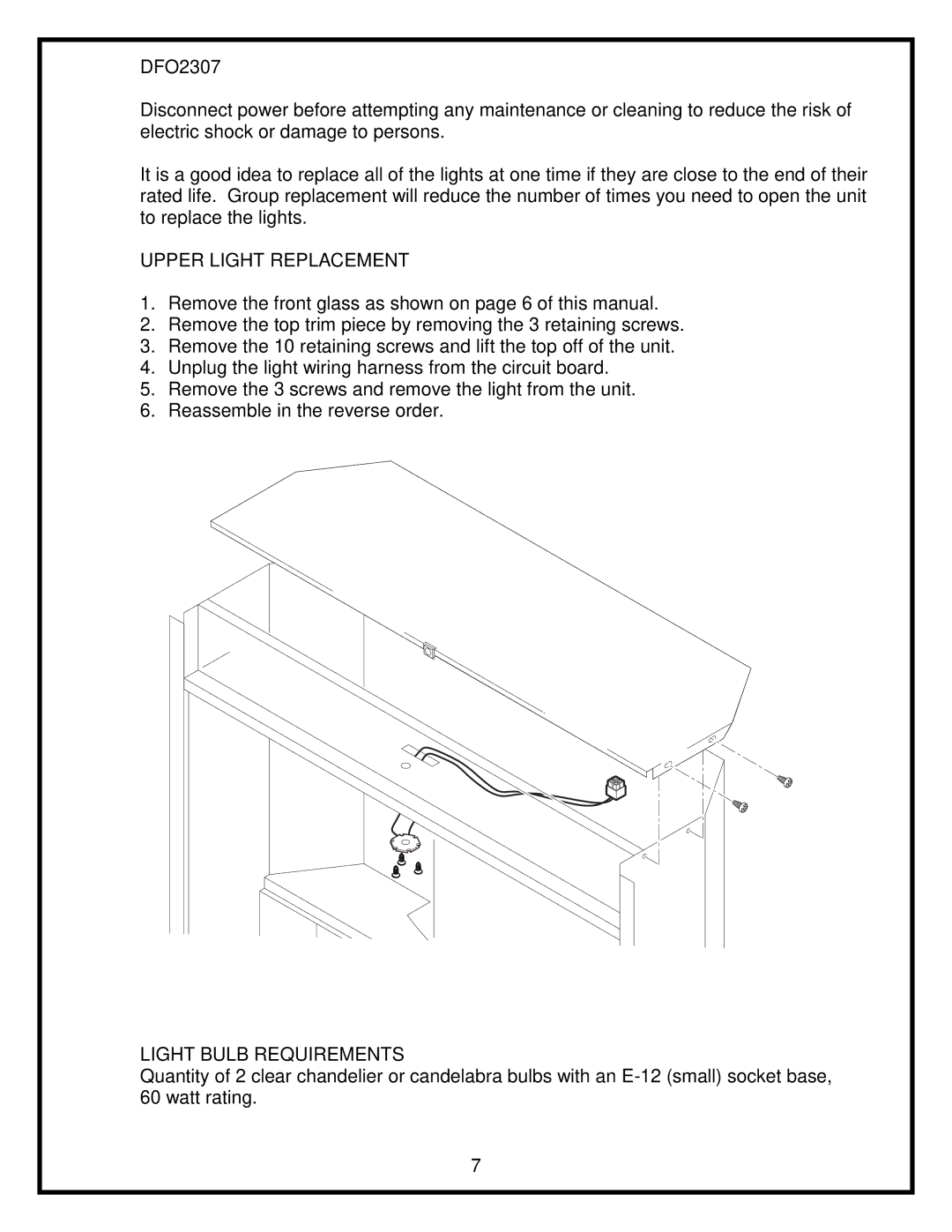 Dimplex DFO2307 service manual Upper Light Replacement, Light Bulb Requirements 