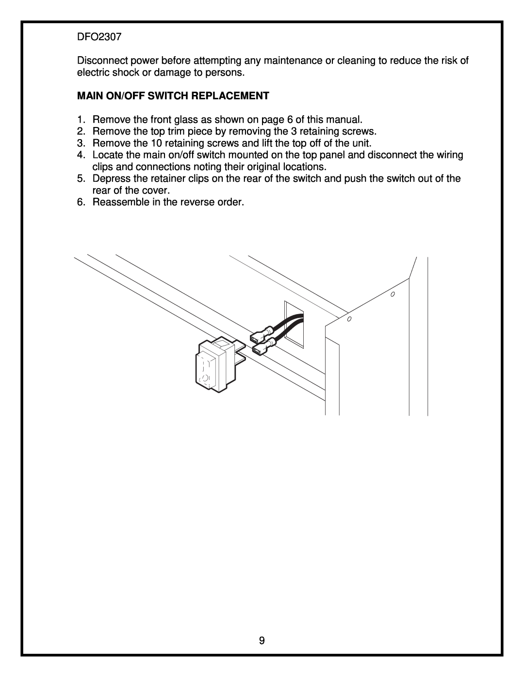 Dimplex DFO2307 service manual Main On/Off Switch Replacement 