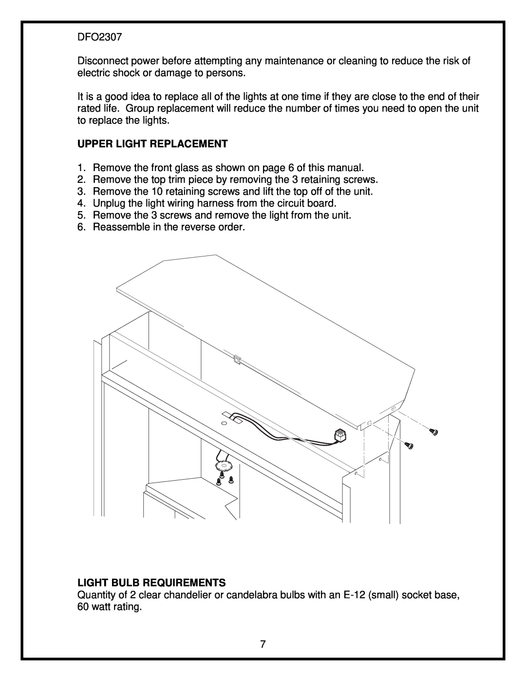 Dimplex DFO2307 service manual Upper Light Replacement, Light Bulb Requirements 