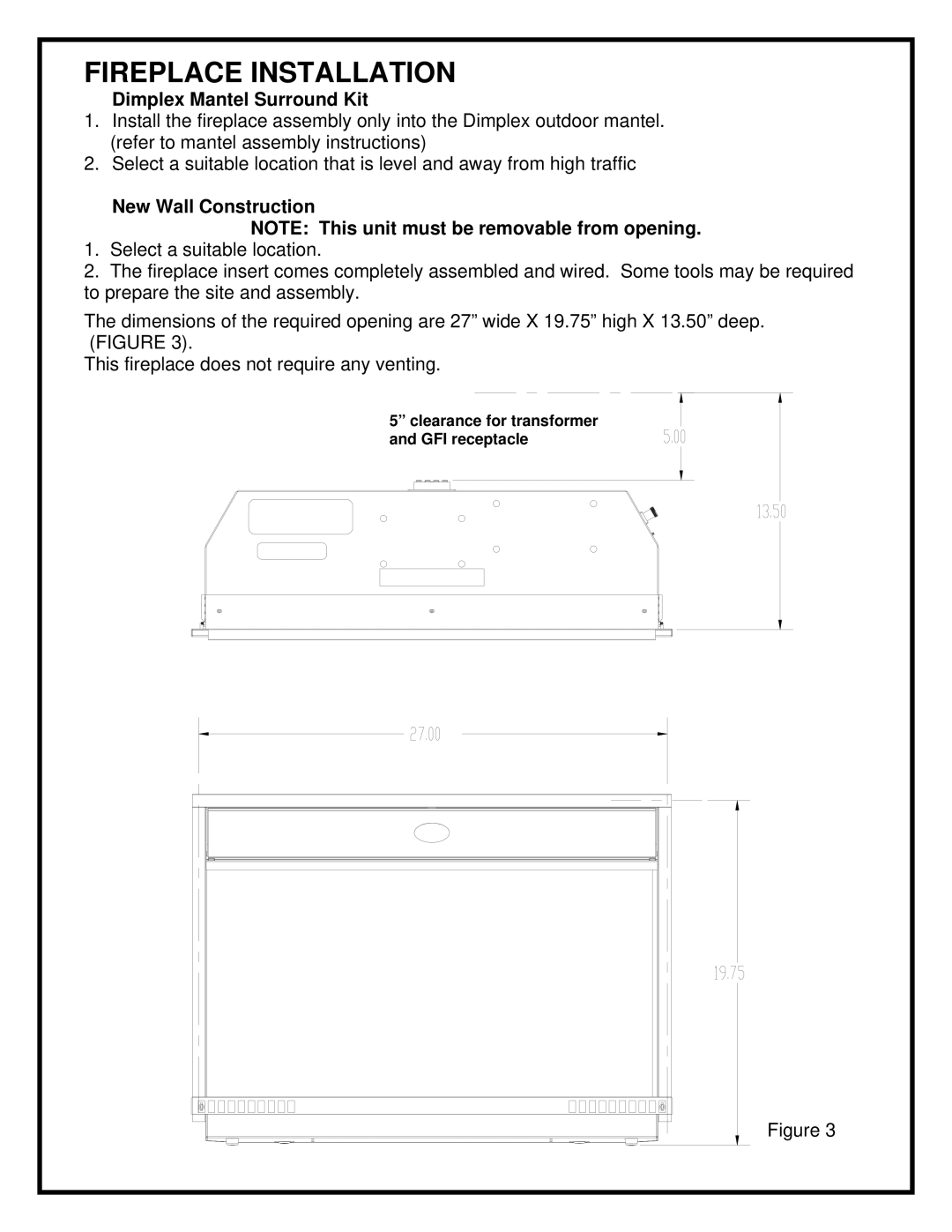 Dimplex DFO2607 manual Fireplace Installation, Dimplex Mantel Surround Kit 