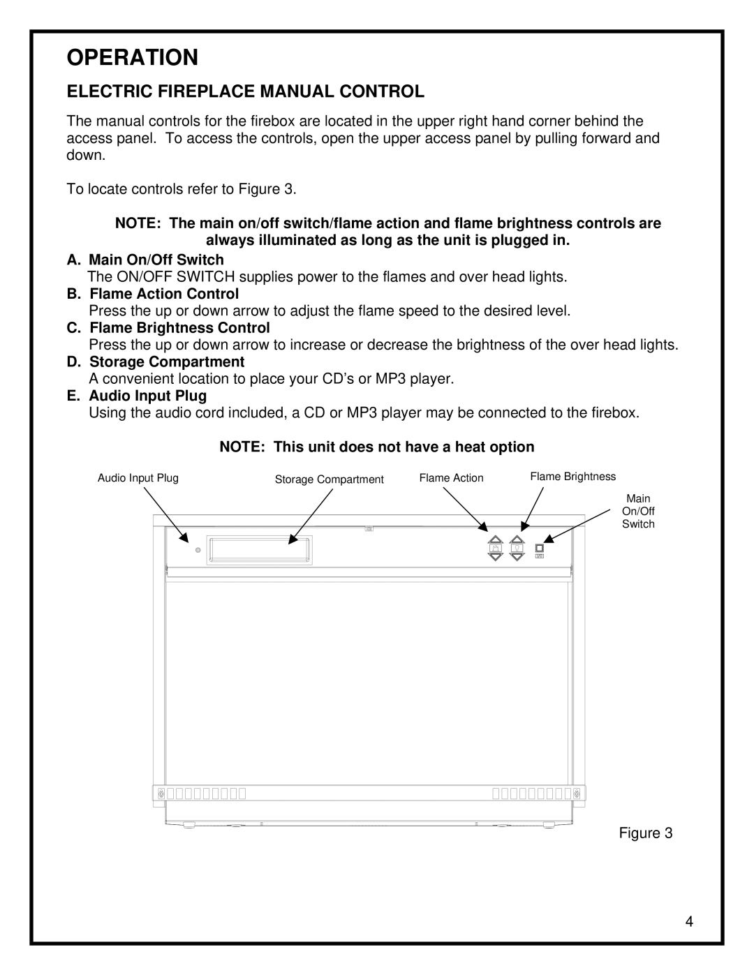 Dimplex DFO2607 manual Operation, Electric Fireplace Manual Control 