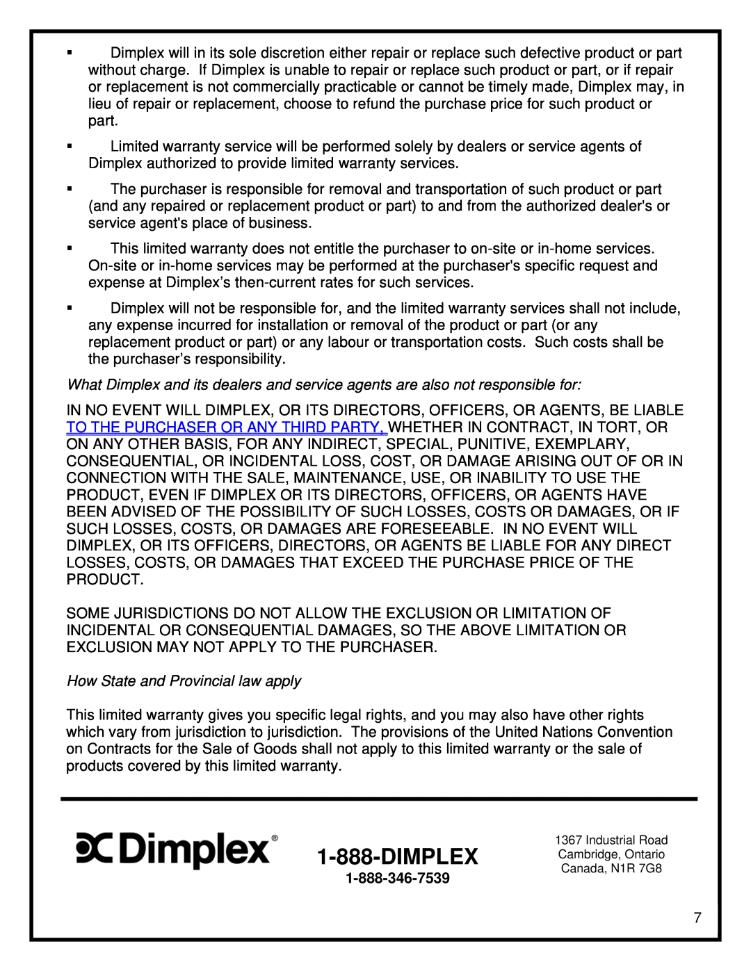 Dimplex DFO2607 manual How State and Provincial law apply 