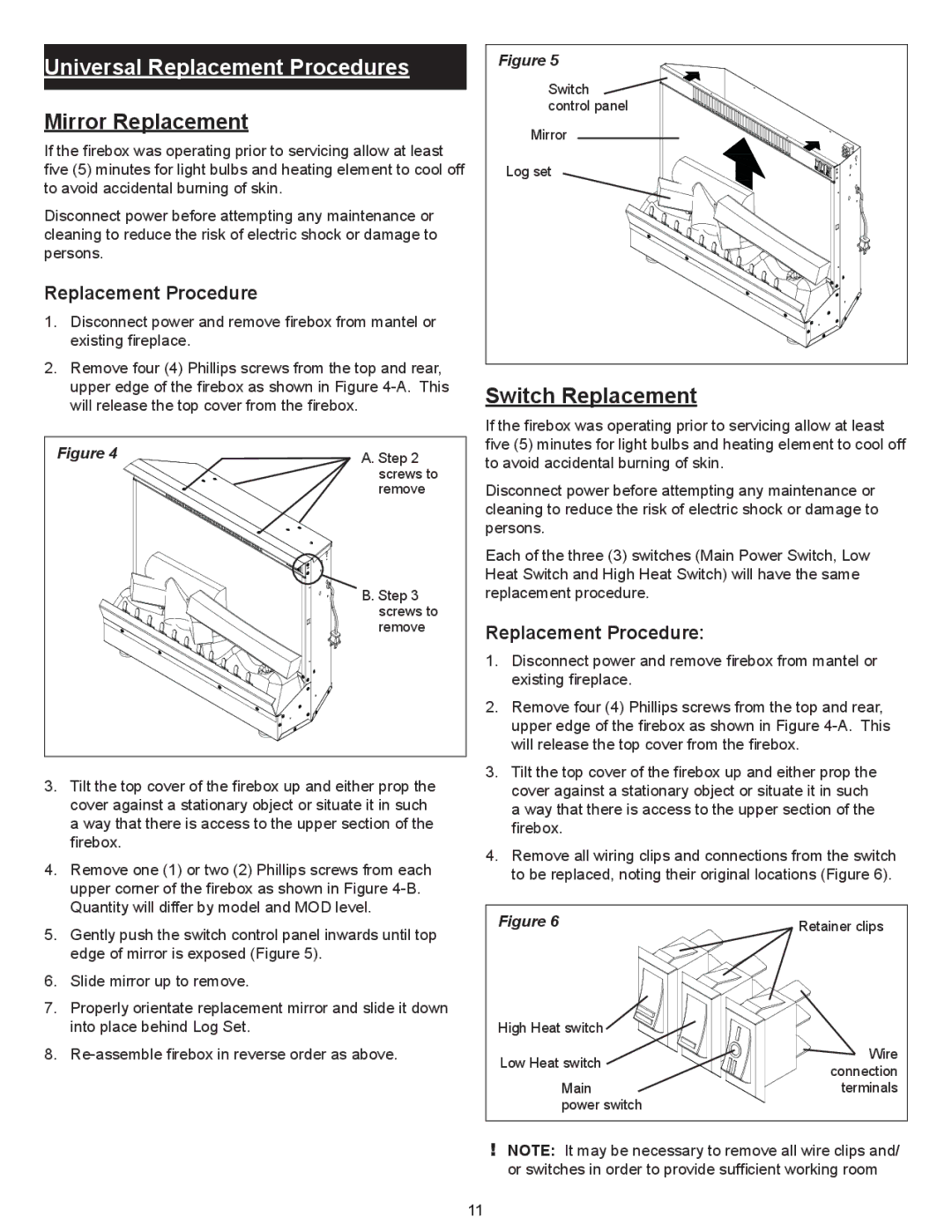 Dimplex Dimplex DFI2309 service manual Mirror Replacement, Switch Replacement, Replacement Procedure 