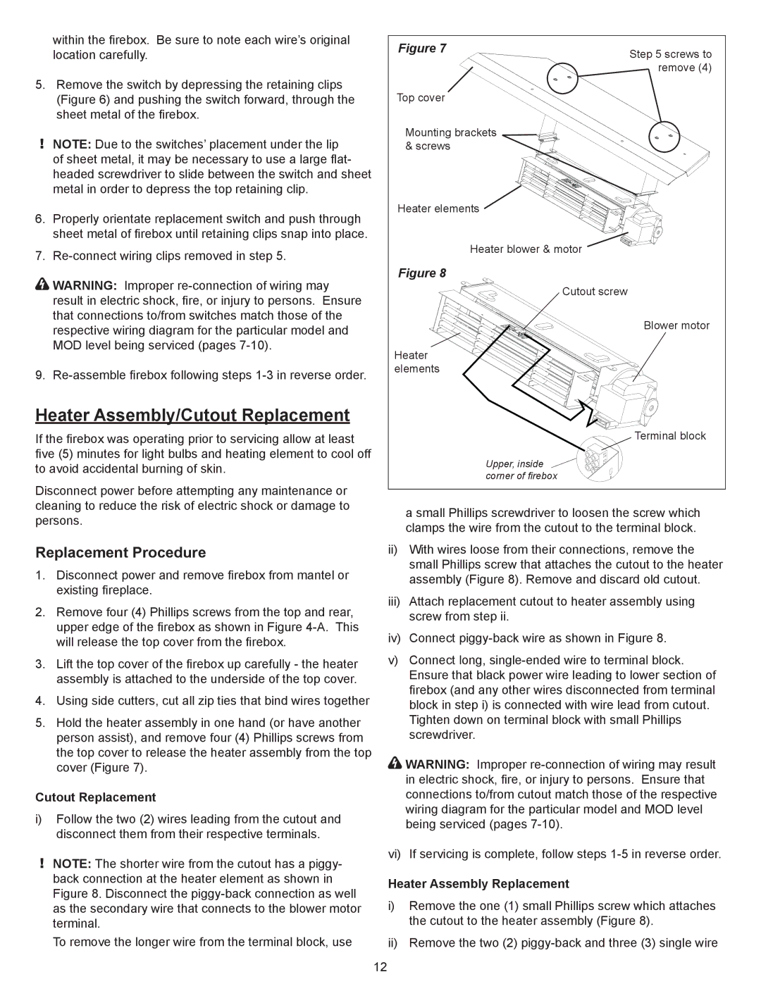 Dimplex Dimplex DFI2309 service manual Heater Assembly/Cutout Replacement, Heater Assembly Replacement 