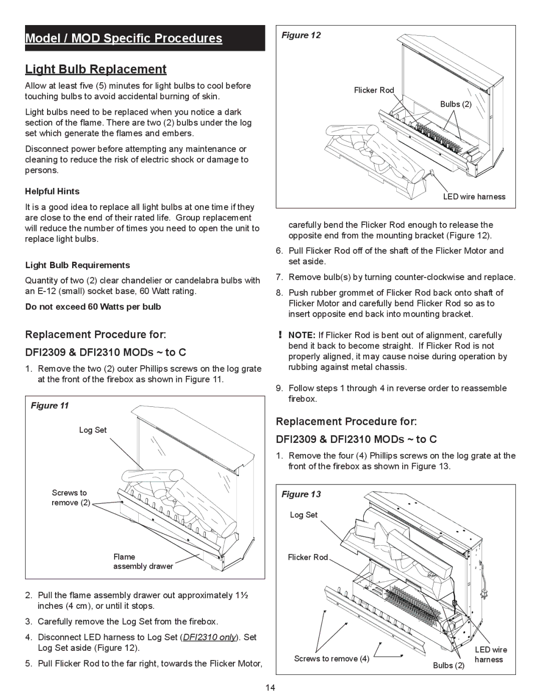 Dimplex Dimplex DFI2309 Light Bulb Replacement, Replacement Procedure for DFI2309 & DFI2310 MODs ~ to C, Helpful Hints 