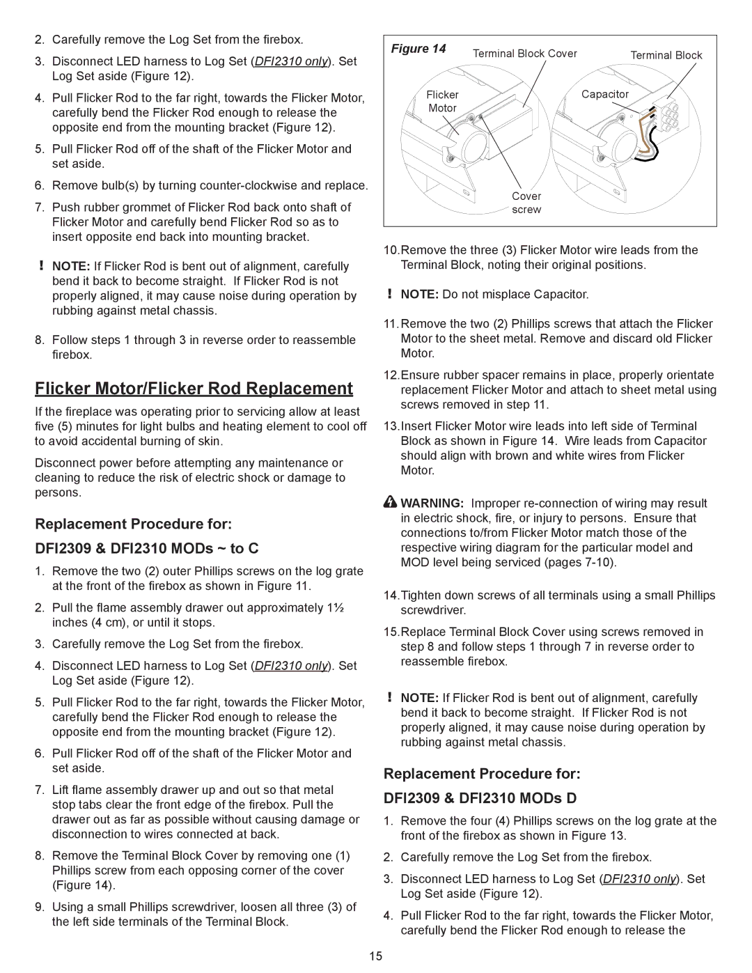 Dimplex Dimplex DFI2309 Flicker Motor/Flicker Rod Replacement, Replacement Procedure for DFI2309 & DFI2310 MODs D 
