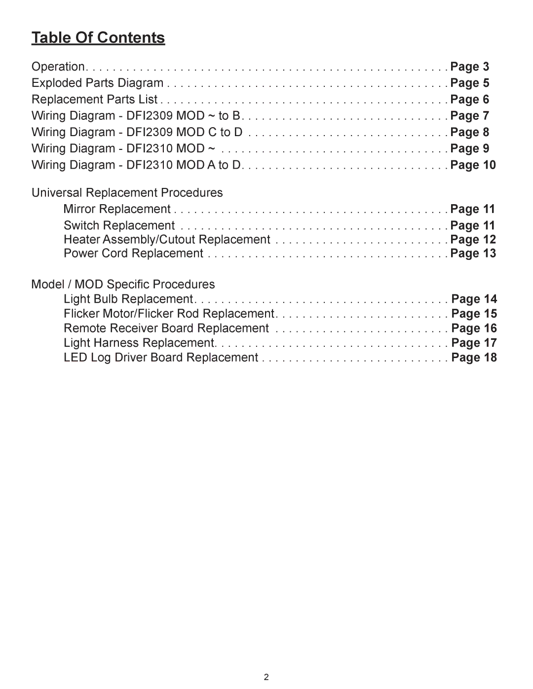 Dimplex Dimplex DFI2309 service manual Table Of Contents 