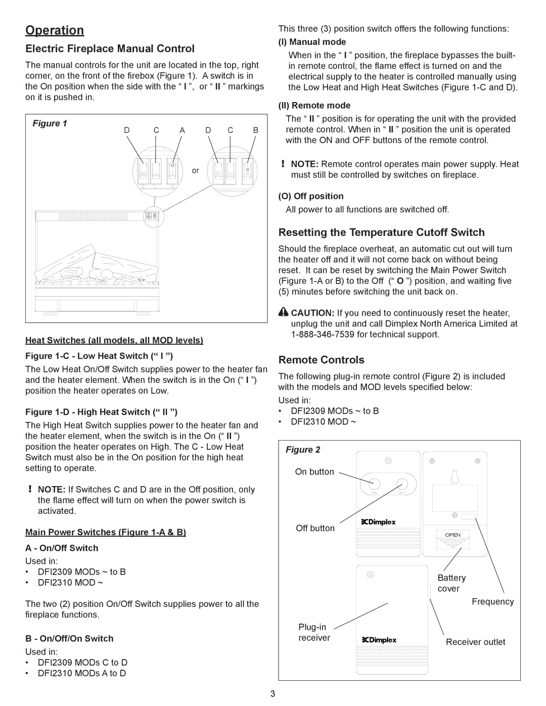 Dimplex Dimplex DFI2309 Operation, Electric Fireplace Manual Control, Resetting the Temperature Cutoff Switch 