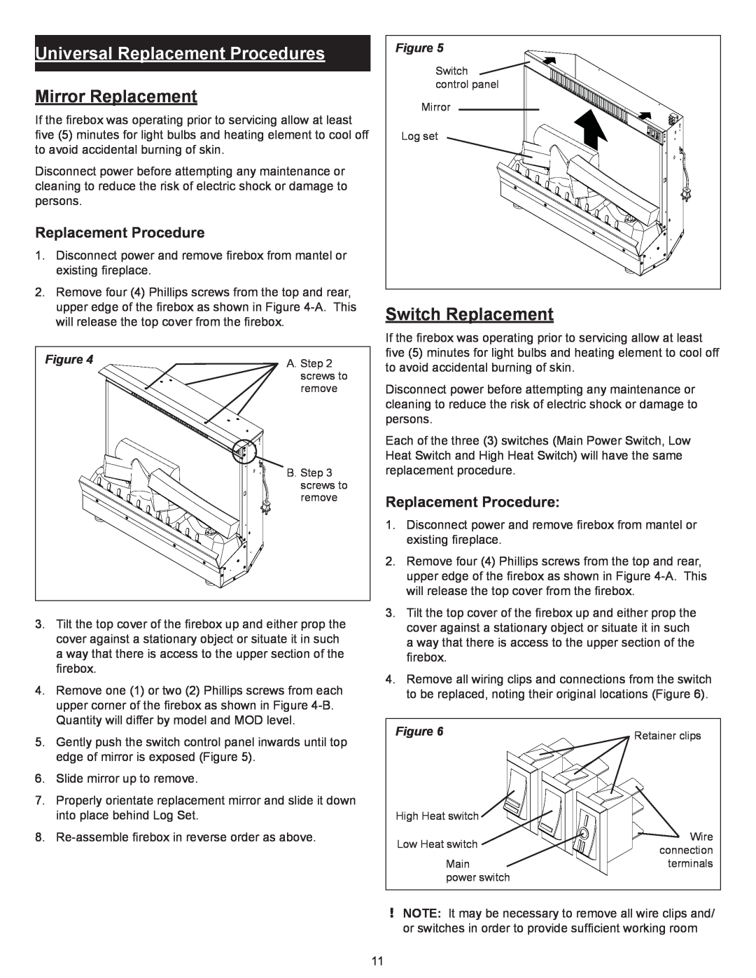 Dimplex Dimplex DFI2309 service manual Universal Replacement Procedures, Mirror Replacement, Switch Replacement 
