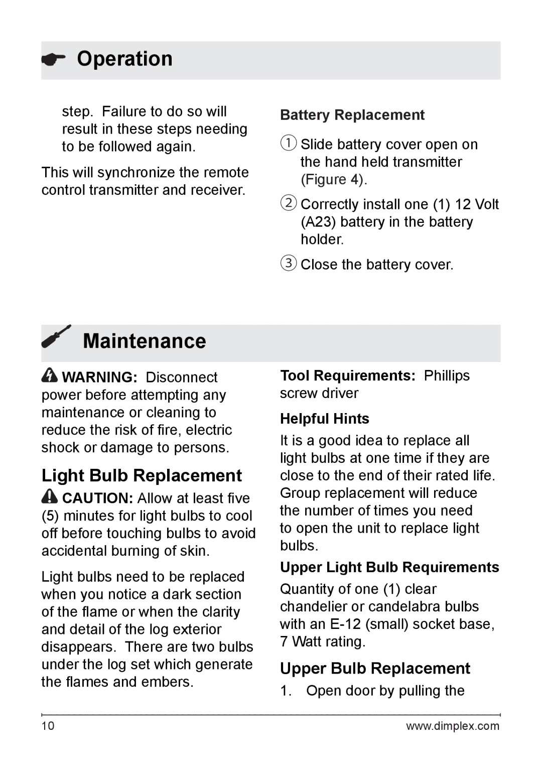 Dimplex DS5804CM, DS5603, SS5800PB Maintenance, Light Bulb Replacement, Battery Replacement, Upper Light Bulb Requirements 