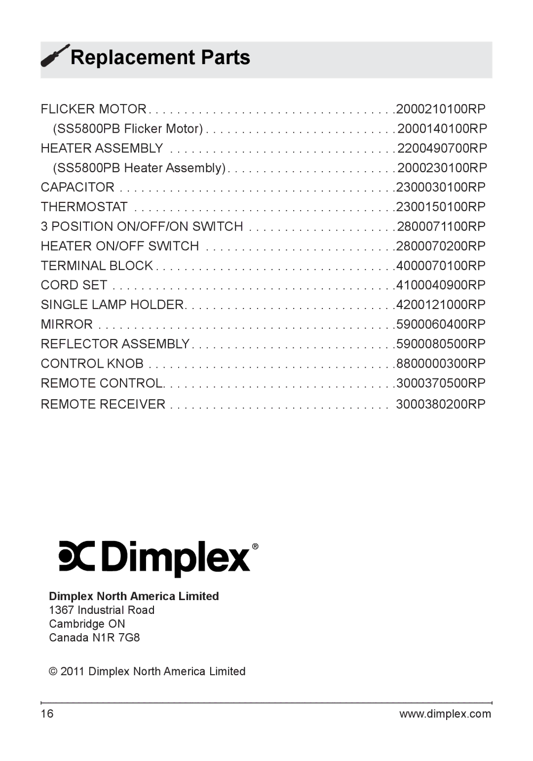 Dimplex DS5603, SS5800PB, DS5804CM owner manual Replacement Parts 