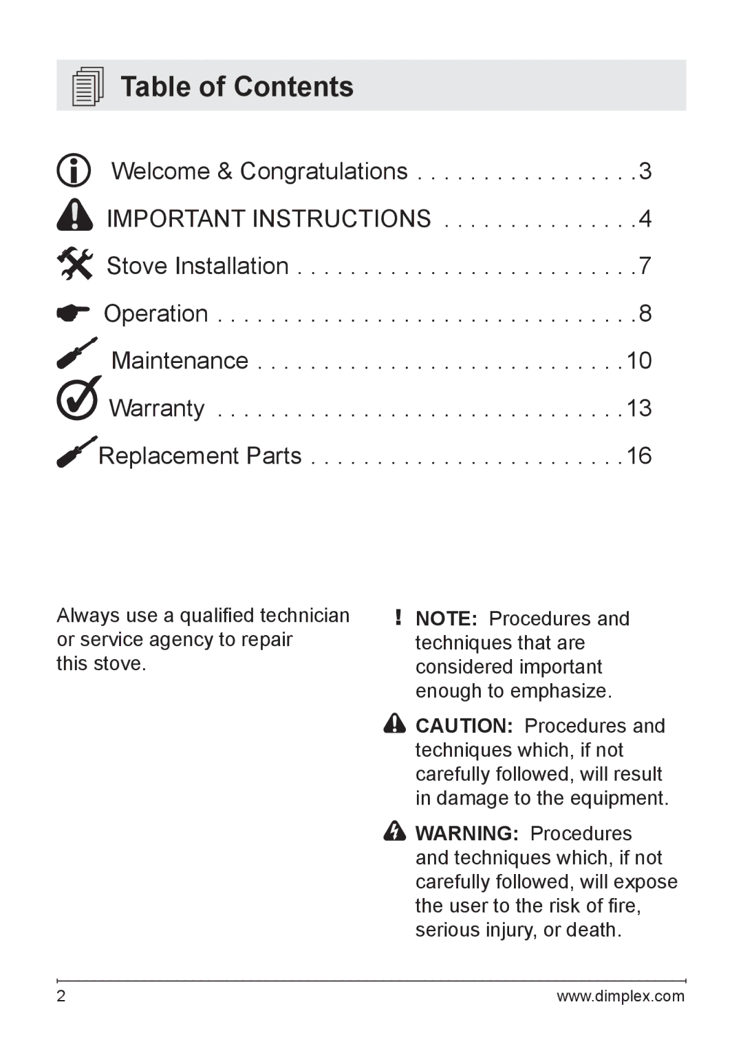 Dimplex DS5804CM, DS5603, SS5800PB owner manual Table of Contents 