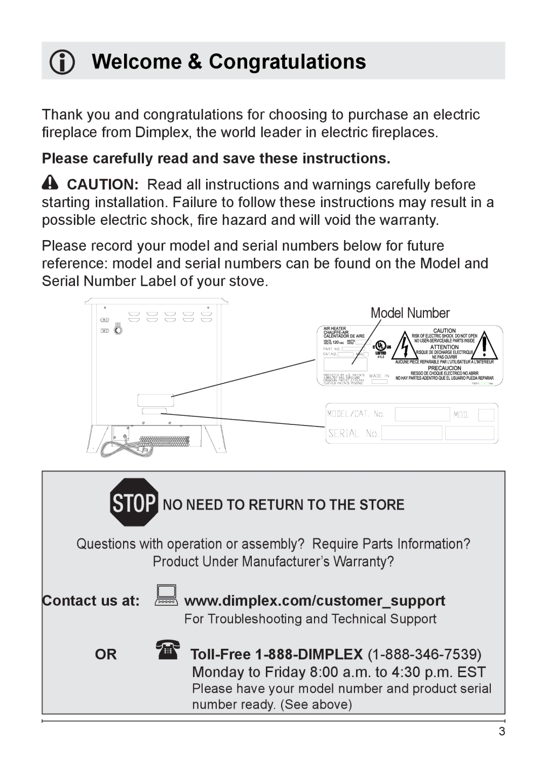 Dimplex DS5603, SS5800PB, DS5804CM Welcome & Congratulations, Please carefully read and save these instructions 