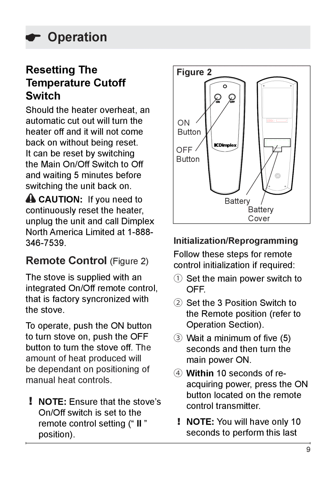 Dimplex SS5800PB, DS5603, DS5804CM owner manual Resetting Temperature Cutoff Switch, Remote Control Figure 