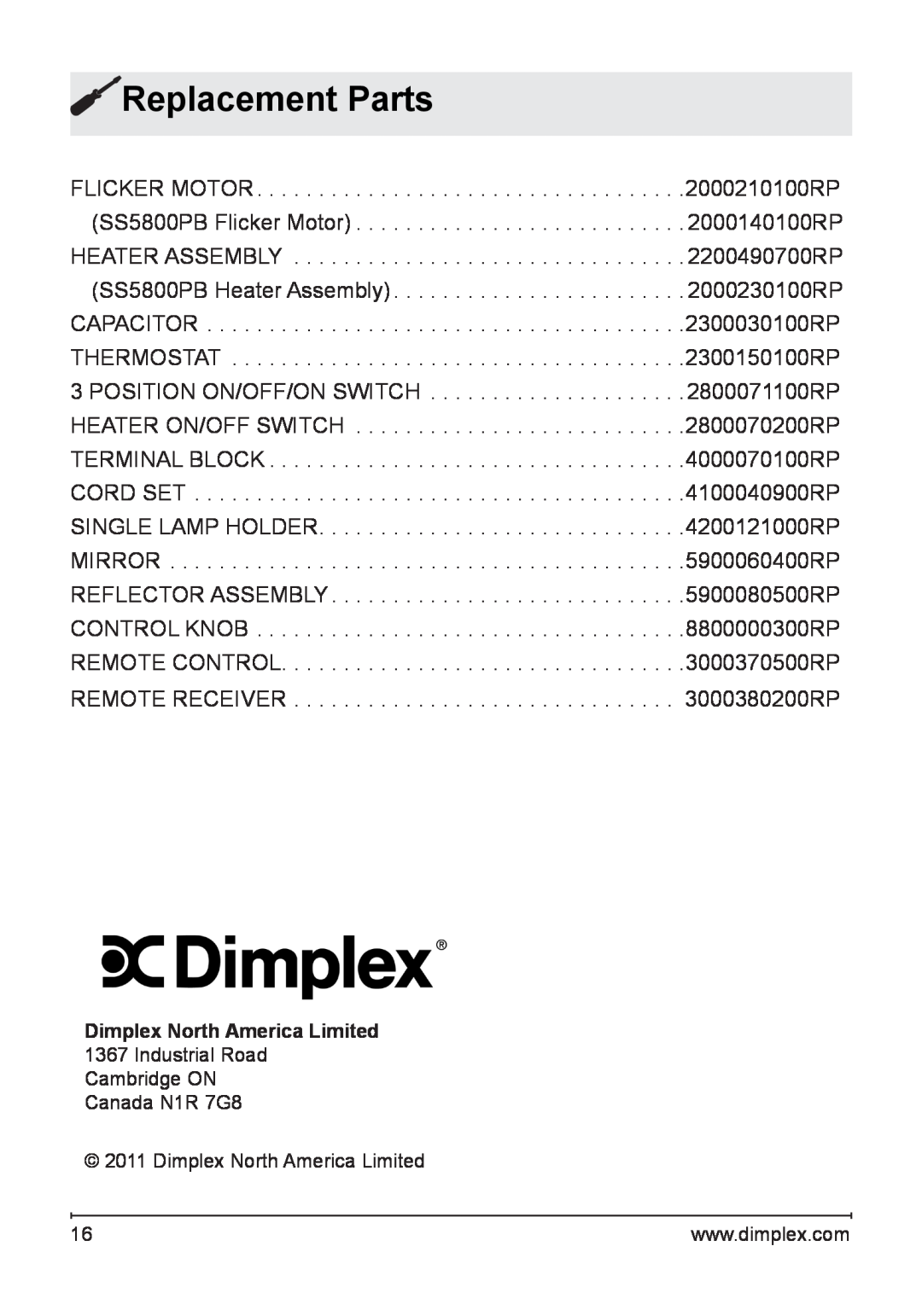 Dimplex DS5603, SS5800PB, DS5804CM owner manual Replacement Parts, Dimplex North America Limited 