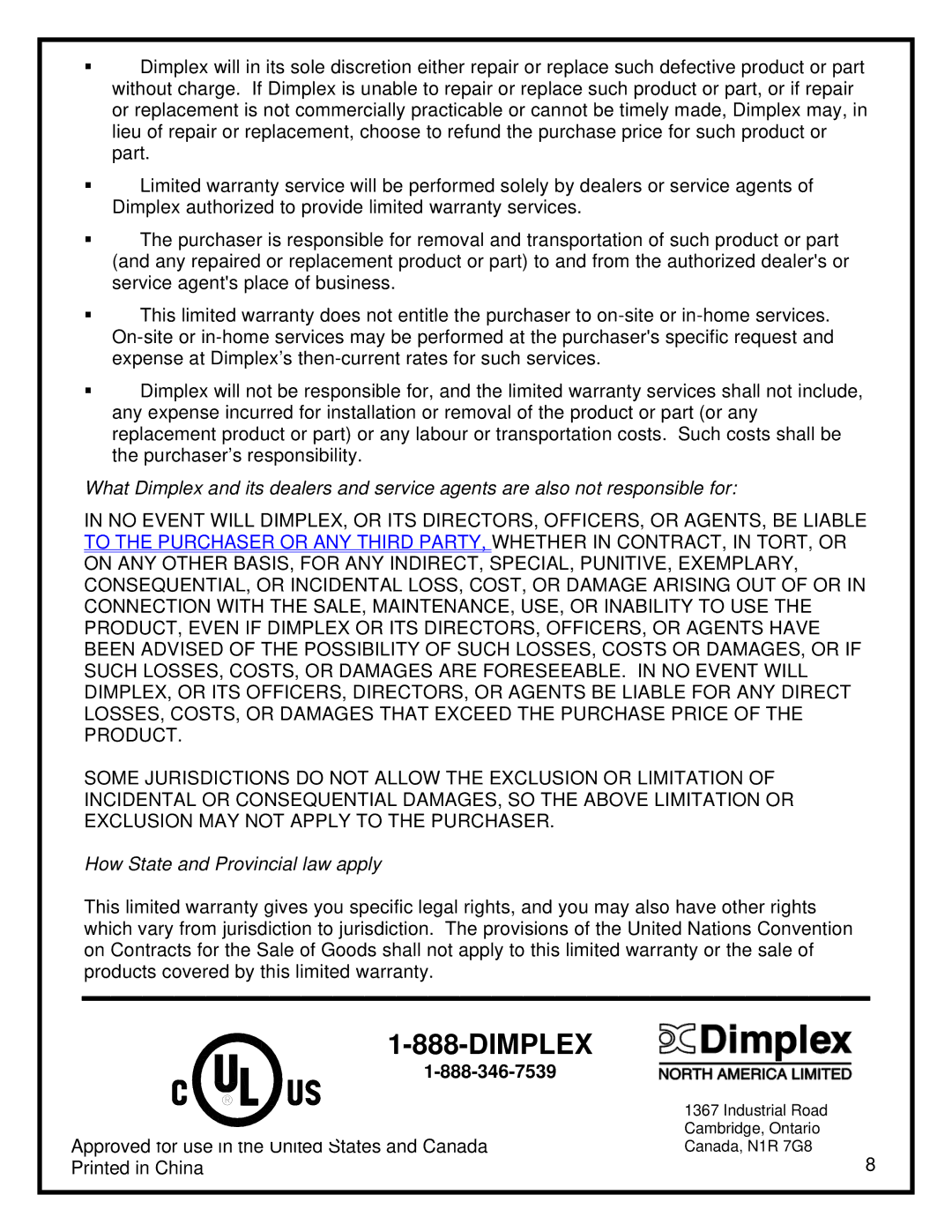 Dimplex DS5629 manual Dimplex, How State and Provincial law apply 