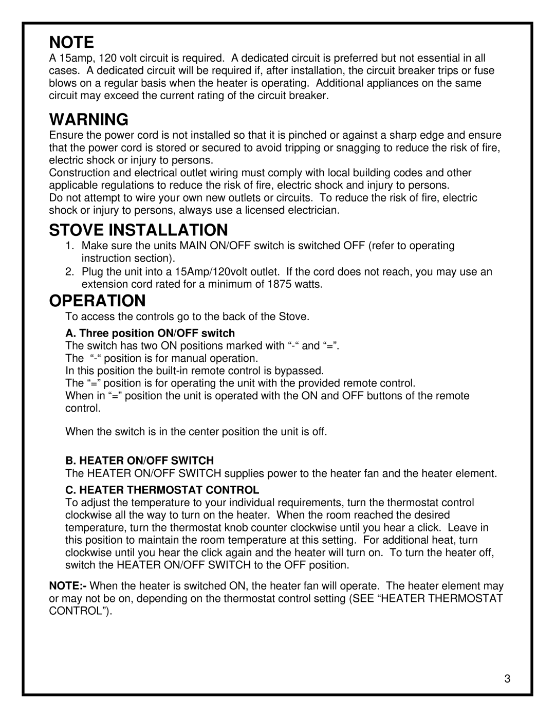 Dimplex DS5629 manual Stove Installation, Operation, Heater ON/OFF Switch, Heater Thermostat Control 