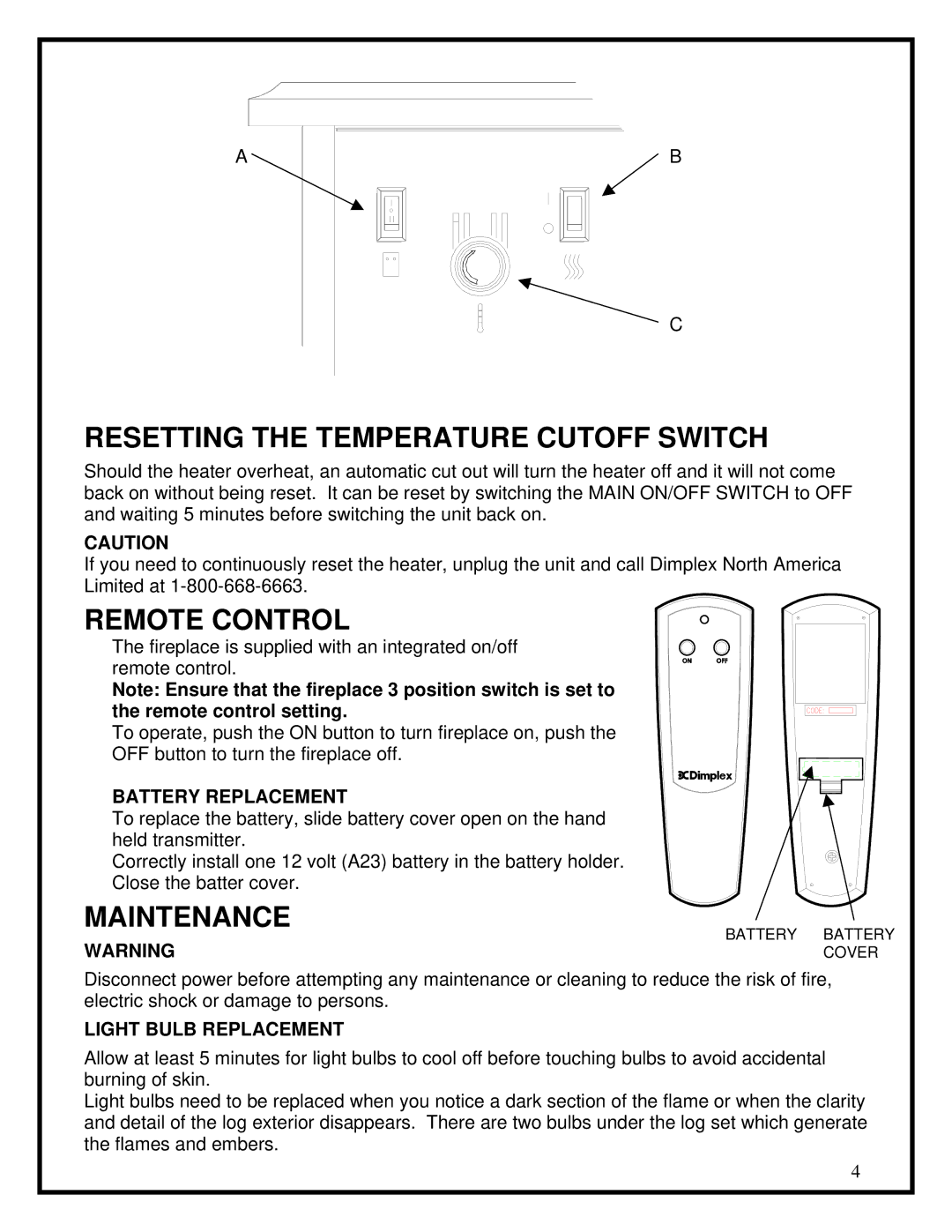 Dimplex DS5629 manual Resetting the Temperature Cutoff Switch, Remote Control, Maintenance, Battery Replacement 