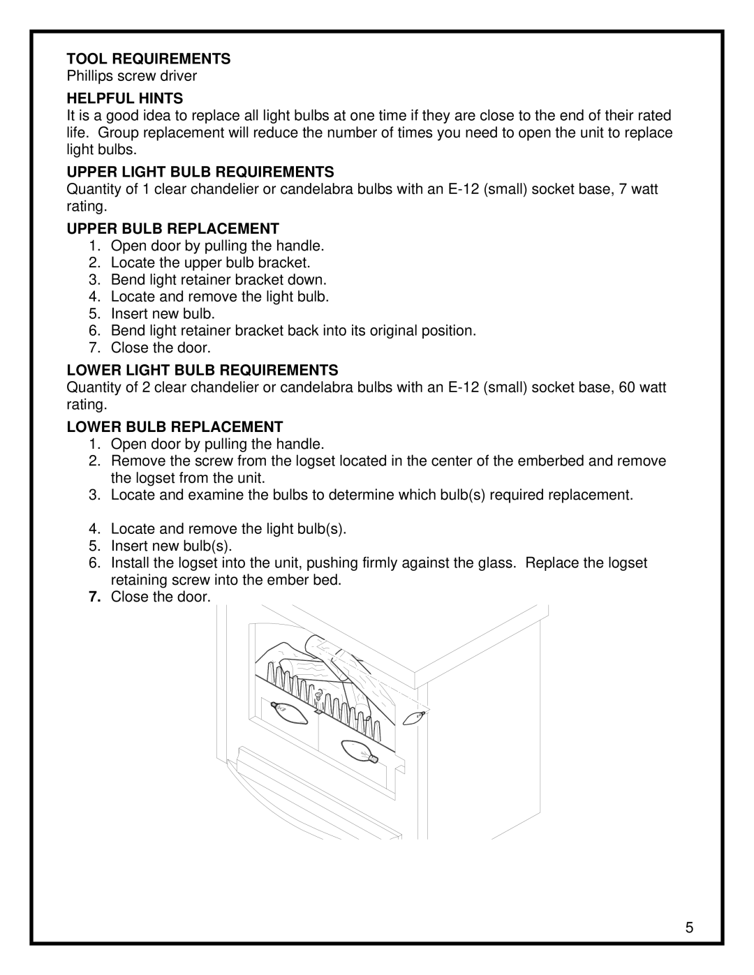 Dimplex DS5629 manual Tool Requirements, Helpful Hints, Upper Light Bulb Requirements, Upper Bulb Replacement 