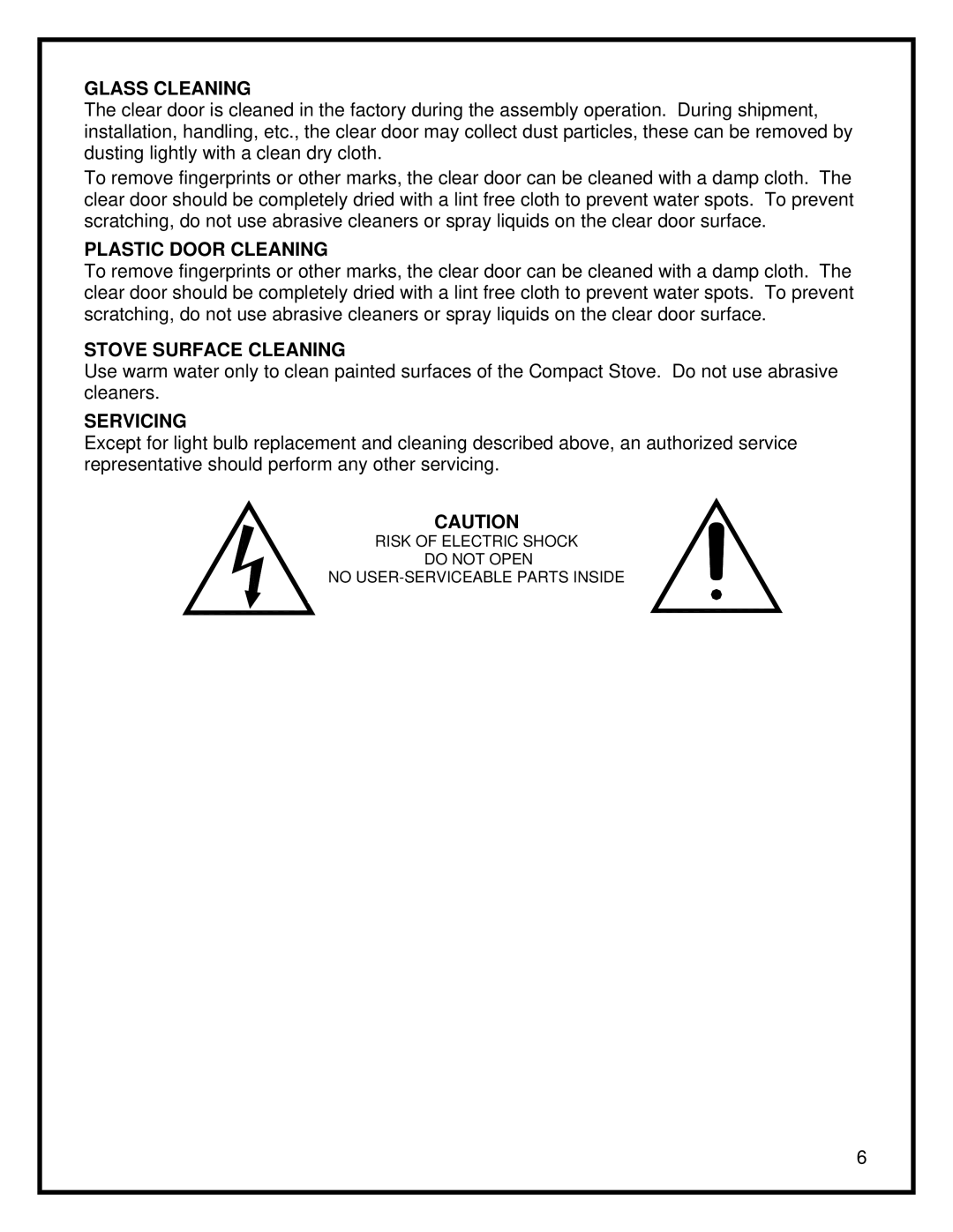 Dimplex DS5629 manual Glass Cleaning, Plastic Door Cleaning, Stove Surface Cleaning, Servicing 