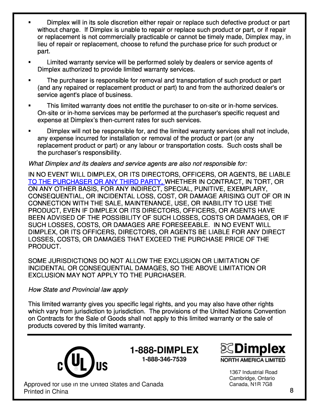 Dimplex DS5629 manual Dimplex, How State and Provincial law apply, 1-888-346-7539 