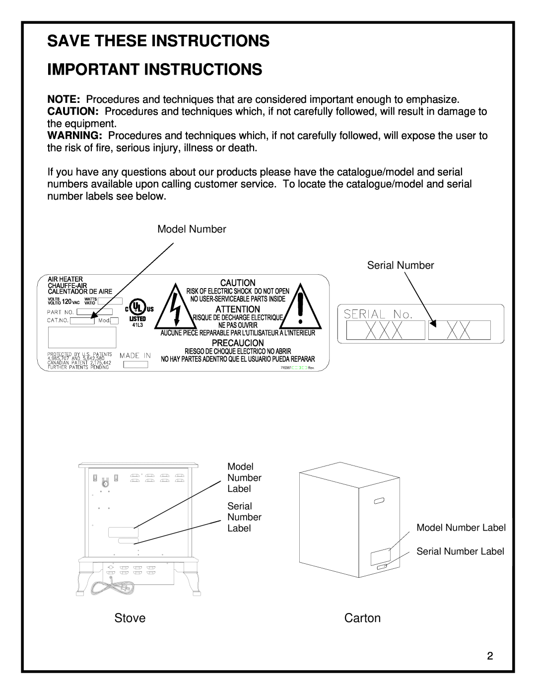 Dimplex DS5629 manual Save These Instructions Important Instructions, Stove, Carton 