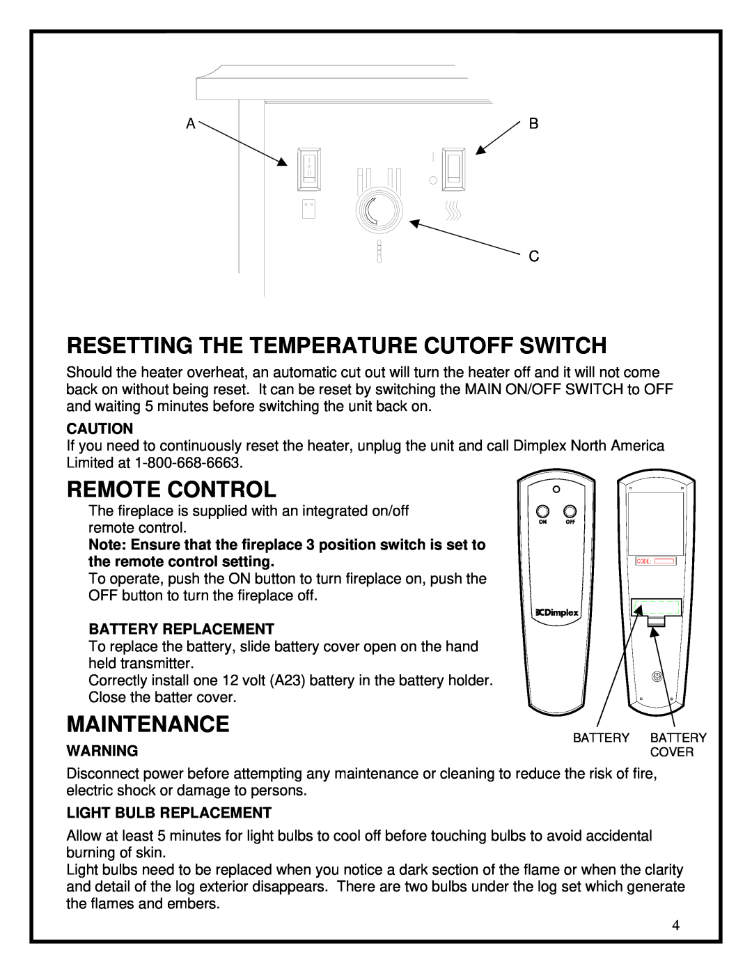 Dimplex DS5629 manual Resetting The Temperature Cutoff Switch, Remote Control, Maintenance, Battery Replacement 