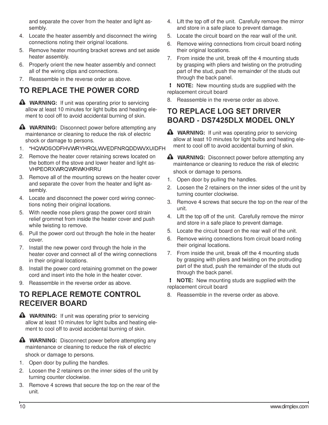 Dimplex DS7420, DS7425DLX service manual To Replace the Power Cord, To Replace Remote Control Receiver Board 