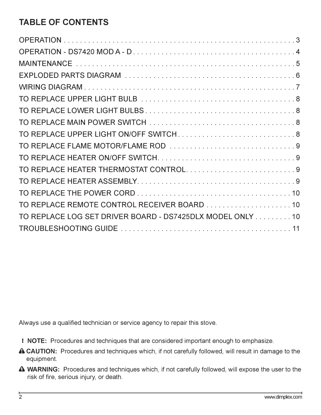 Dimplex DS7420, DS7425DLX service manual Table of Contents 