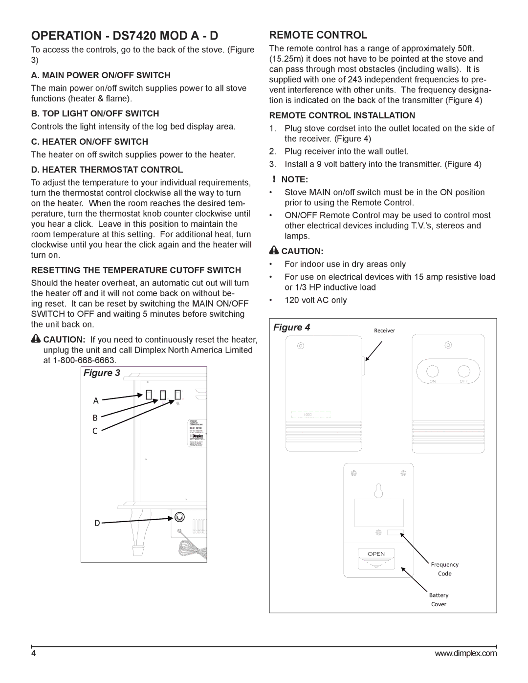 Dimplex DS7425DLX service manual Operation DS7420 MOD a D, Remote Control 