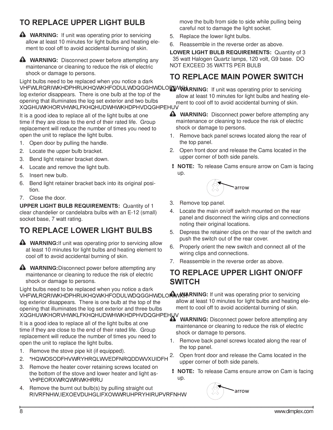 Dimplex DS7420, DS7425DLX To Replace Upper Light Bulb, To Replace Lower Light Bulbs, To Replace Main Power Switch 