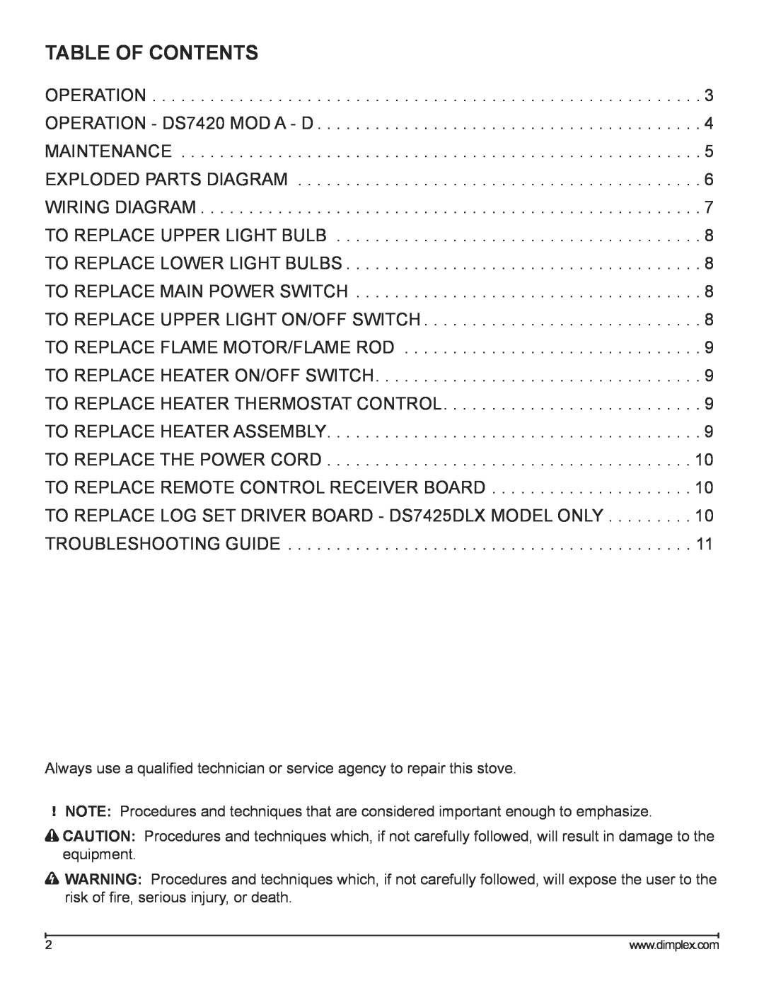 Dimplex DS7420, DS7425DLX service manual Table Of Contents 