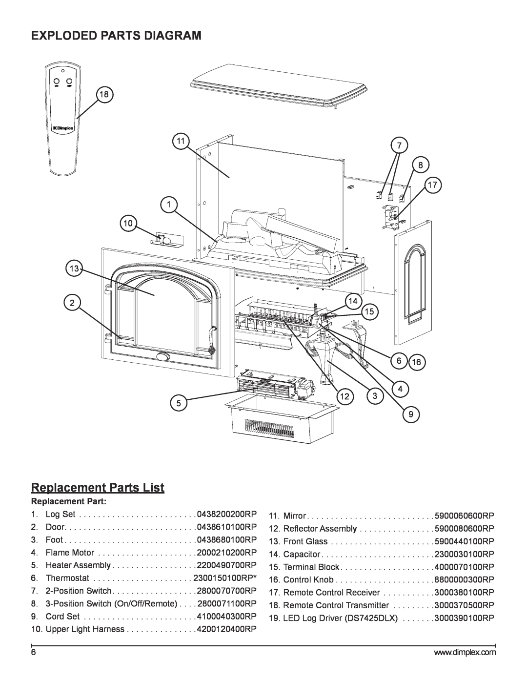 Dimplex DS7420, DS7425DLX service manual Exploded Parts Diagram, Replacement Parts List 
