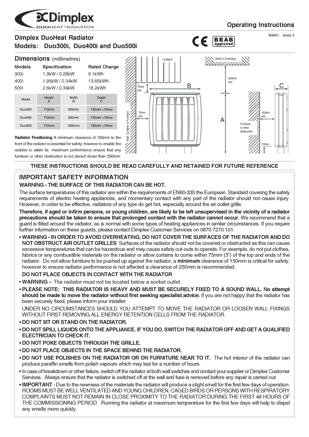 Dimplex Duo300i, Duo400i, Duo500i operating instructions Dimensions millimetres, Models Specification Rated Charge 