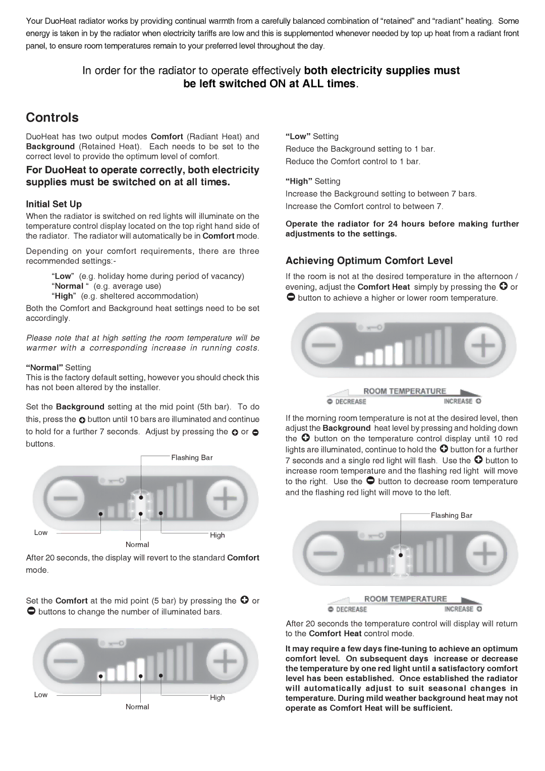 Dimplex Duo400i, Duo500i, Duo300i operating instructions Controls, Normal Setting, High Setting 