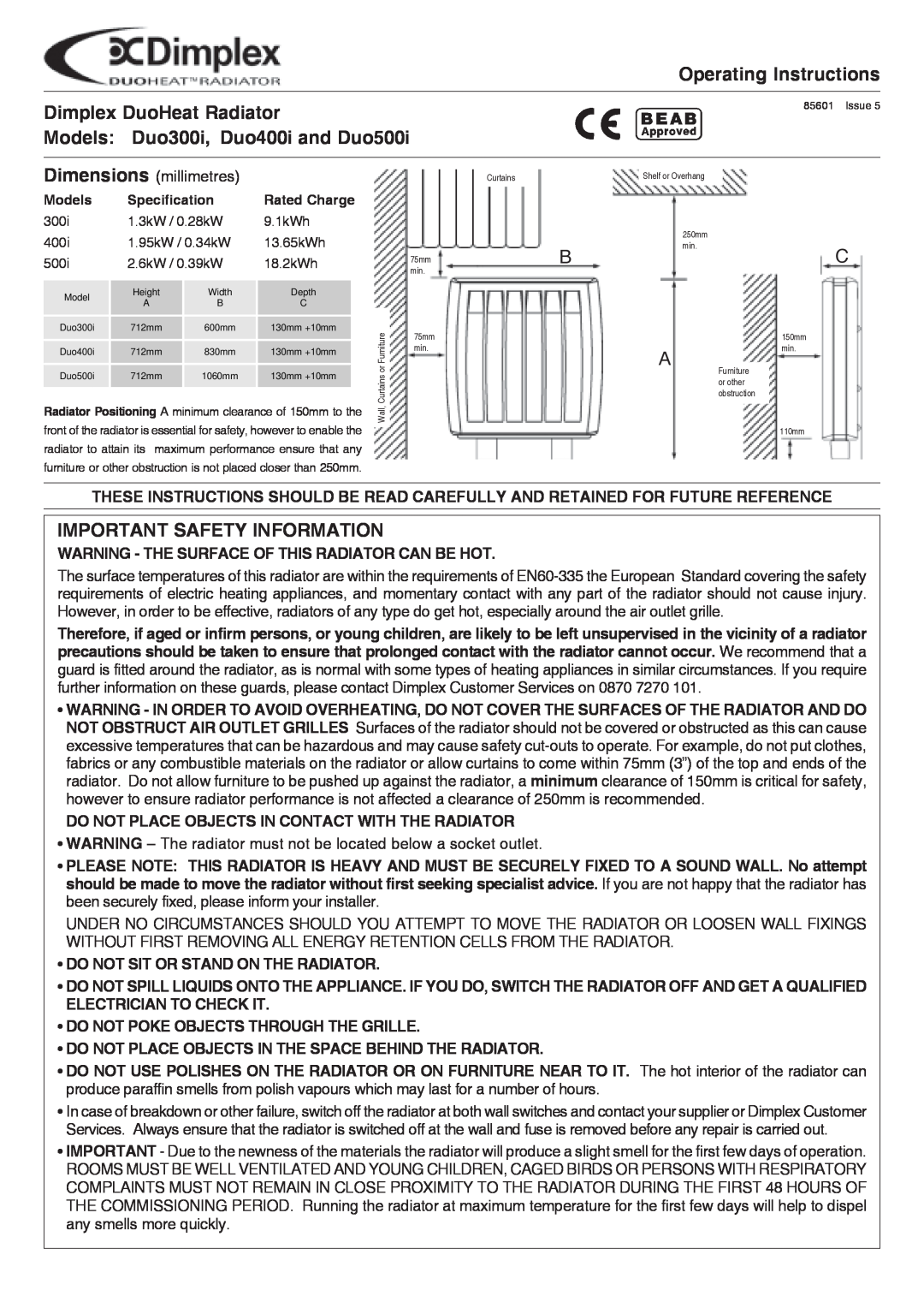 Dimplex Duo300i operating instructions Operating Instructions, Dimplex DuoHeat Radiator, Important Safety Information 
