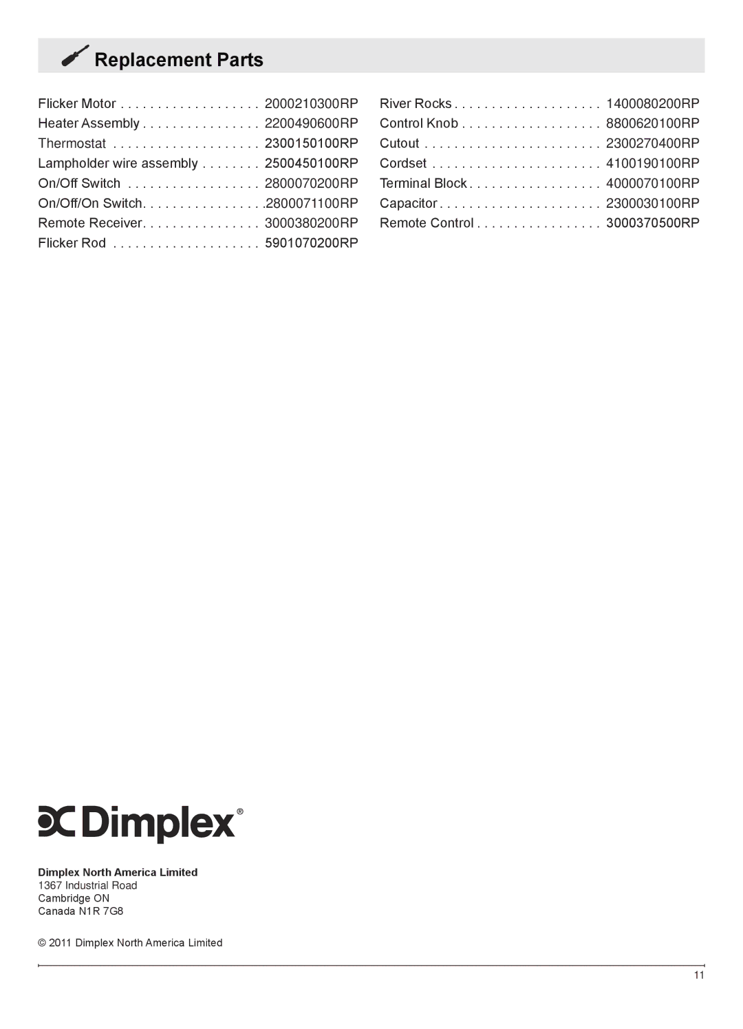 Dimplex DWF1146GP owner manual Replacement Parts 