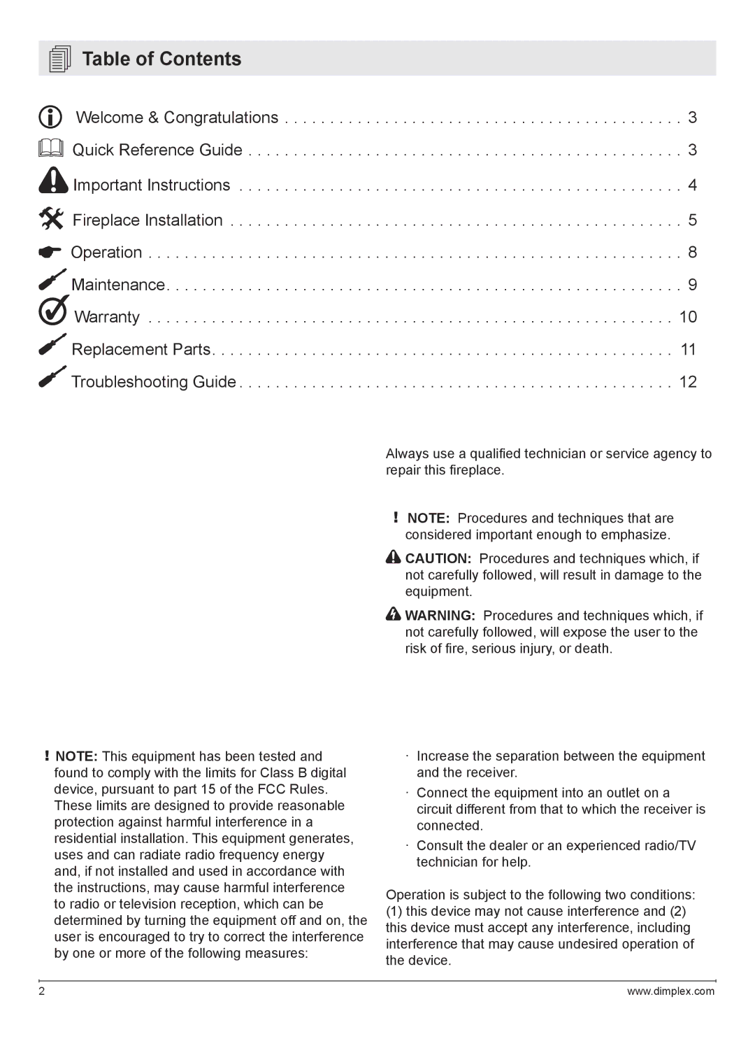 Dimplex DWF1146GP owner manual Table of Contents 