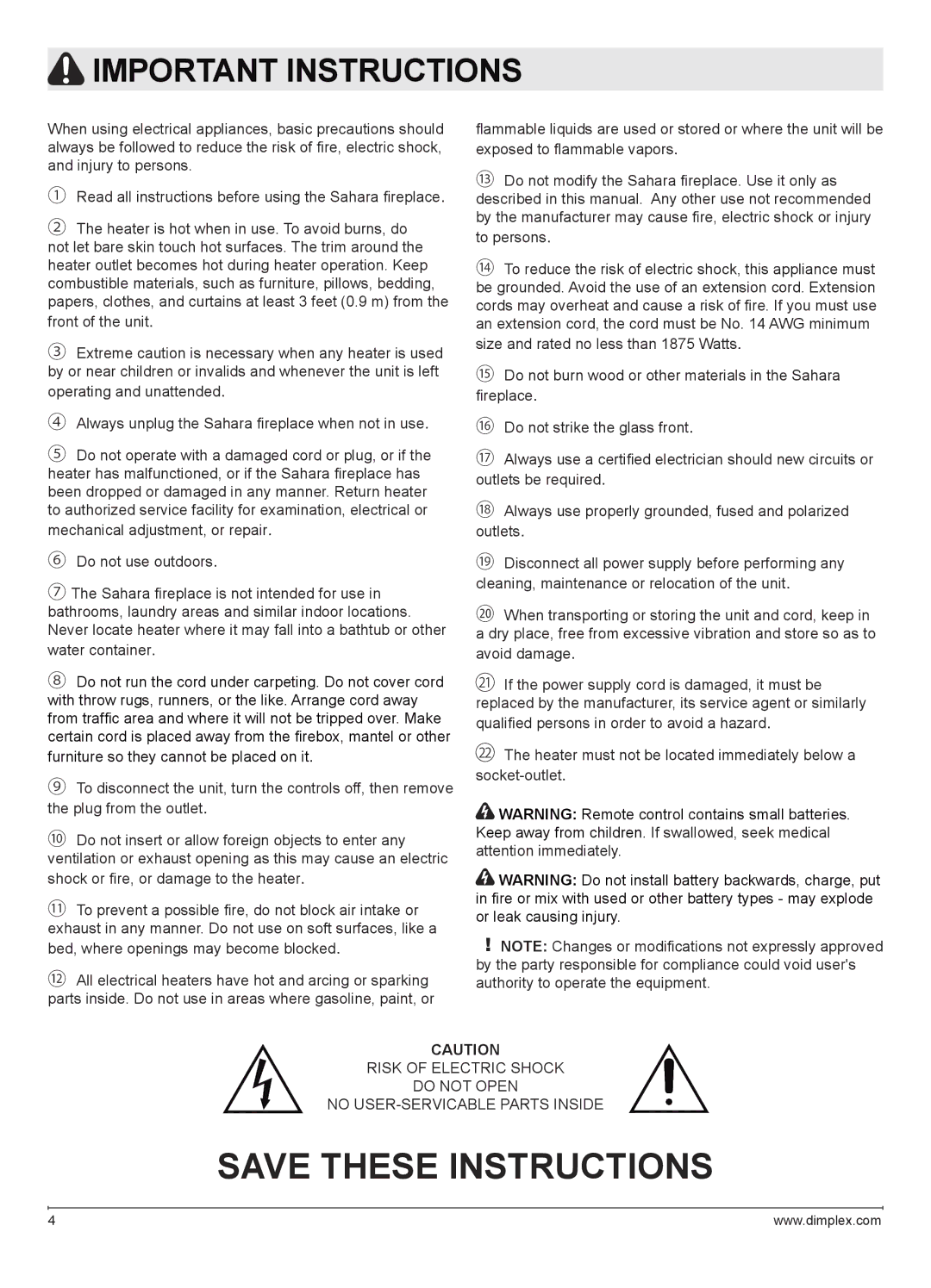 Dimplex DWF1146GP owner manual Important Instructions 