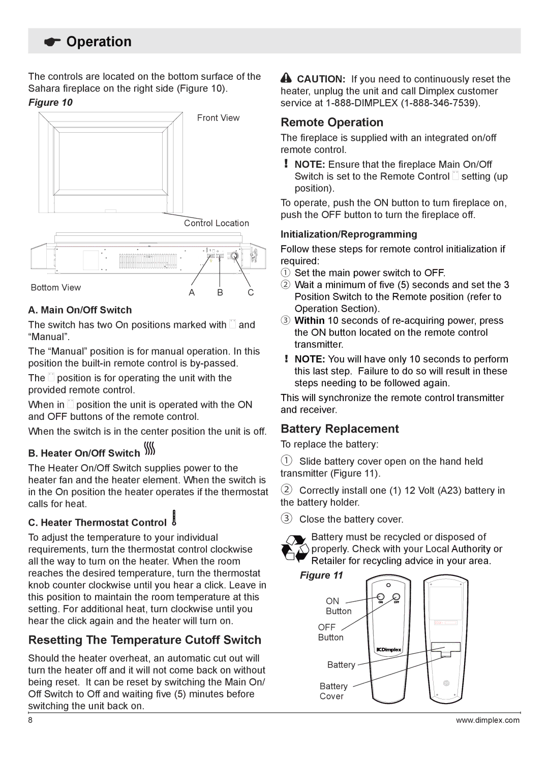 Dimplex DWF1146GP owner manual Resetting The Temperature Cutoff Switch, Remote Operation, Battery Replacement 