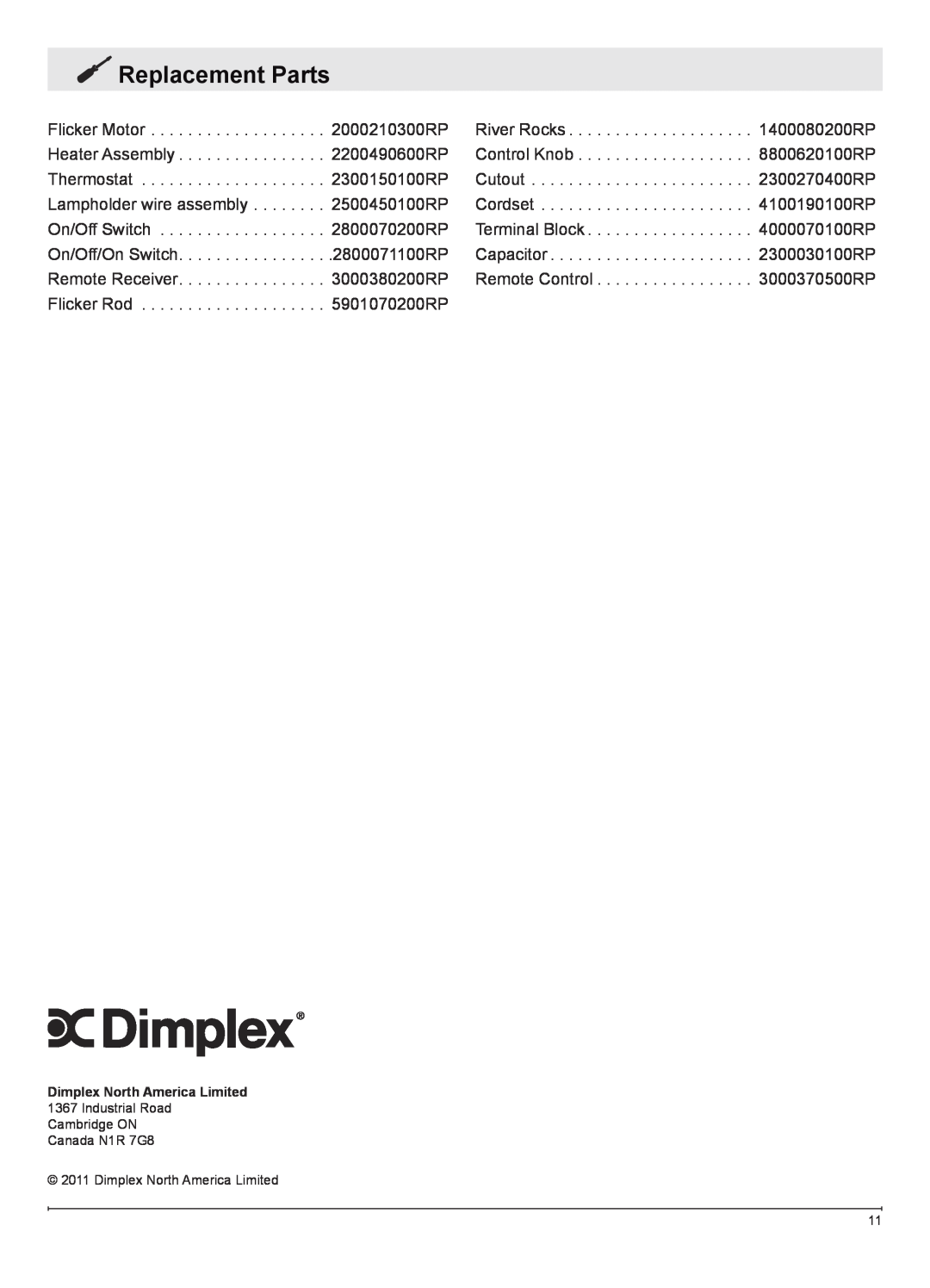 Dimplex DWF1146GP owner manual Replacement Parts 