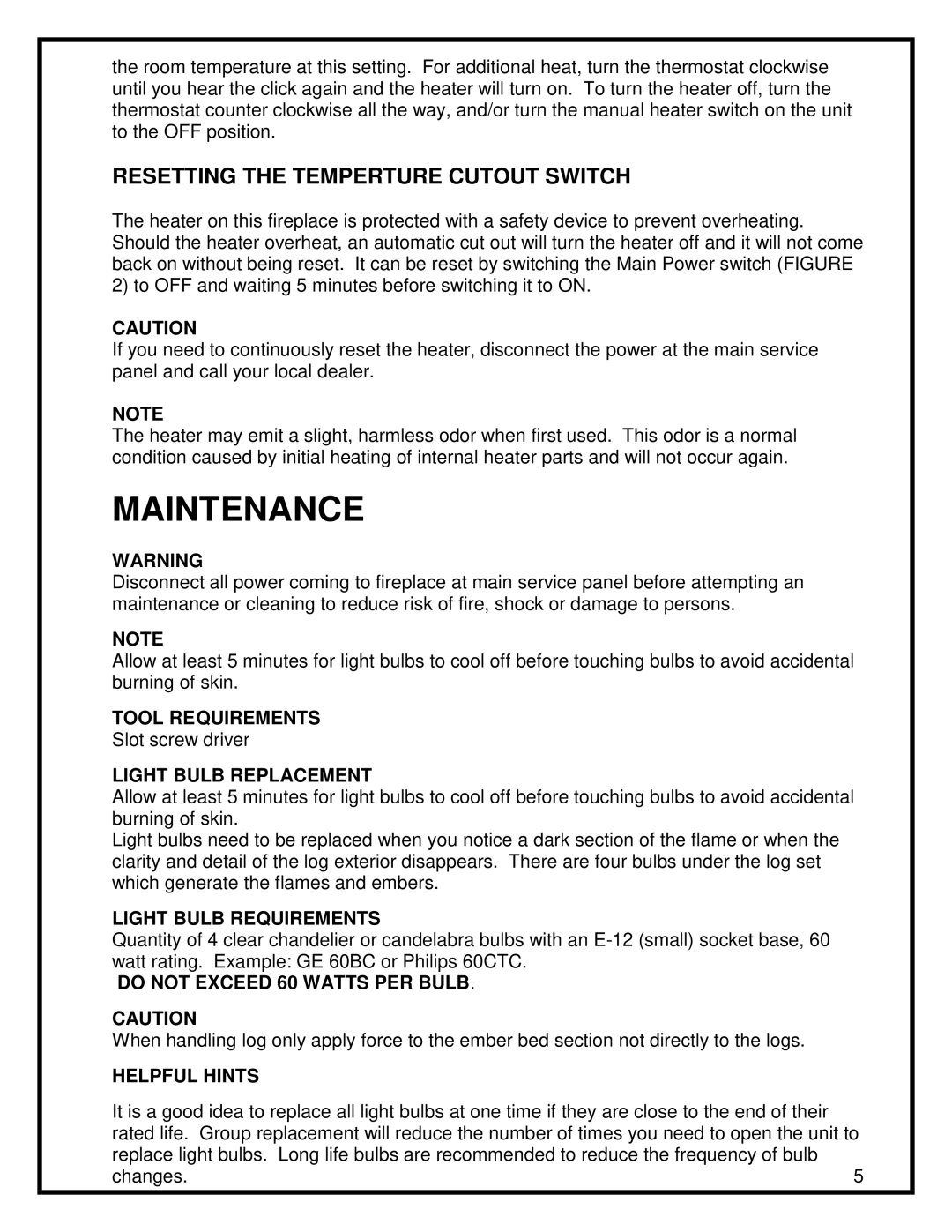 Dimplex BF33ST, DX BF39ST, DX BF45STDX manual Maintenance, Resetting the Temperture Cutout Switch 