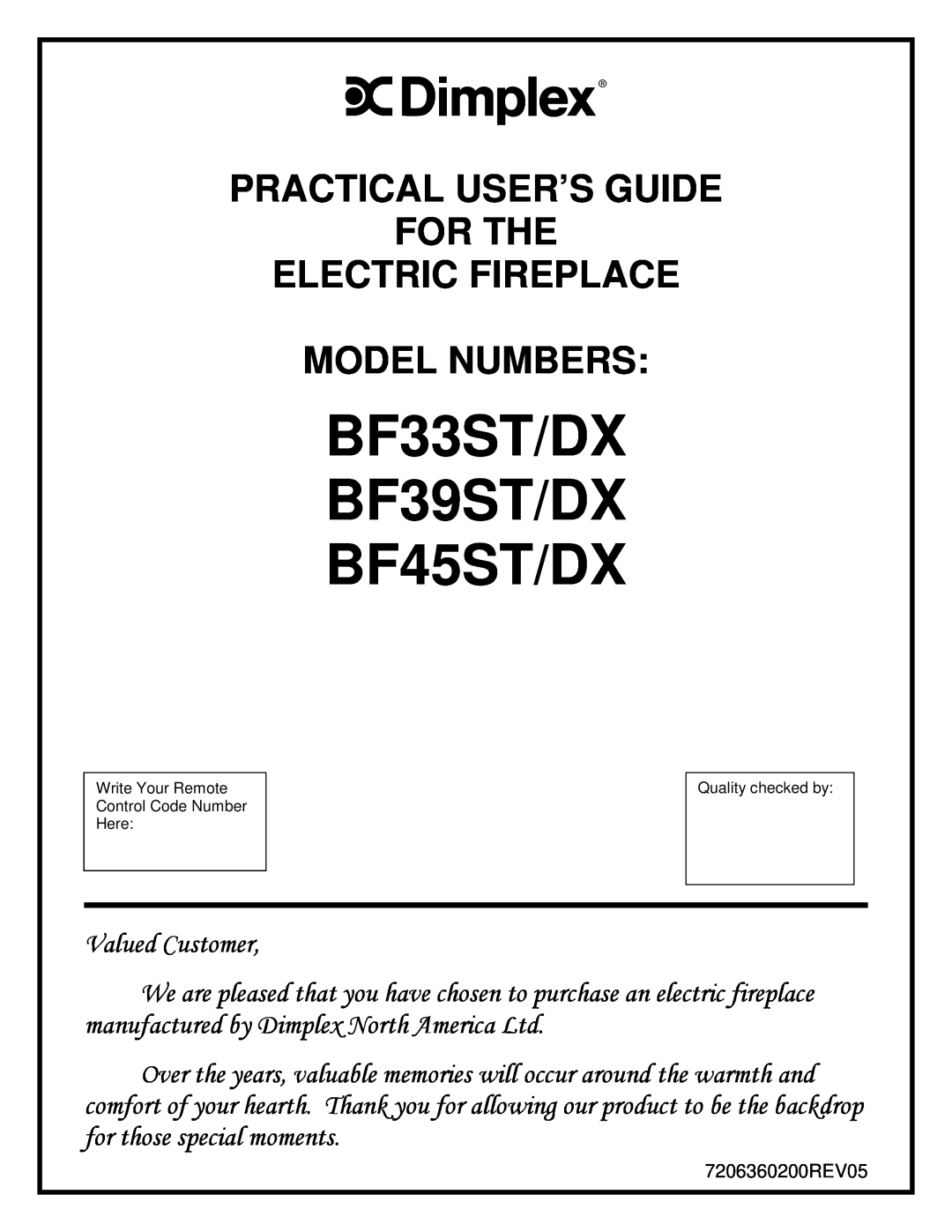 Dimplex DX BF45STDX manual BF33ST/DX BF39ST/DX BF45ST/DX, Practical User’S Guide For The Electric Fireplace, Model Numbers 
